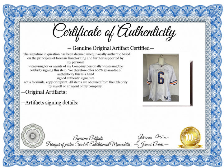 Certificate of Authenticity - Jay Cutler Chicago Bears Reebok Size 52 Game Model Jersey Signed