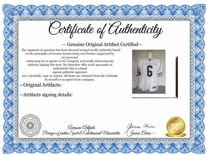Certificate of Authenticity - Jay Cutler 2015 Chicago Bears Reebok Size 52 Game Model Jersey Team Signed