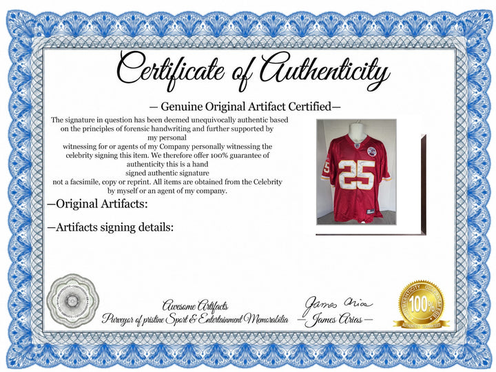 Certificate of Authenticity - Jamaal Charles Kansas City Chiefs Reebok Size 50 Game Model Jersey Signed
