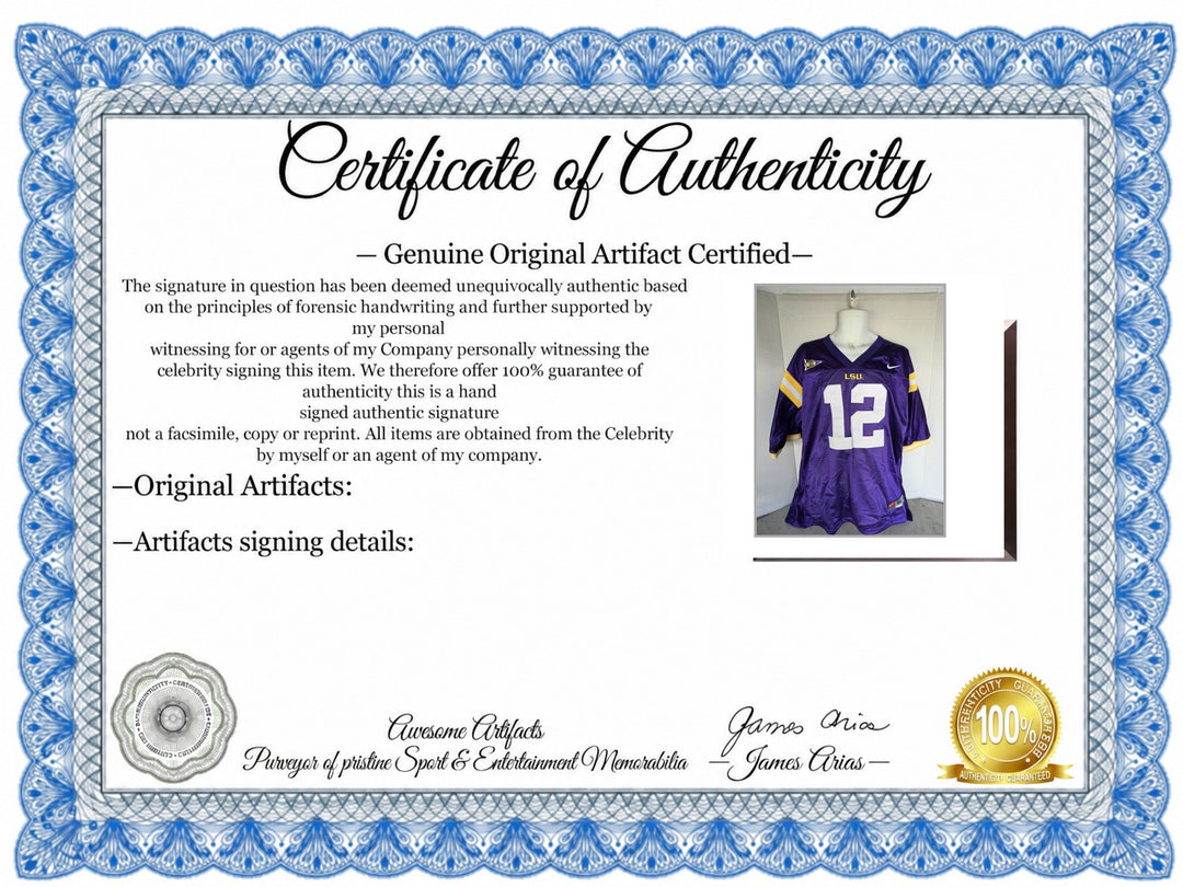 Certificate of Authenticity - Jarrett Lee 2010-11 LSU Tigers Game Model Jersey Team Signed National Champs