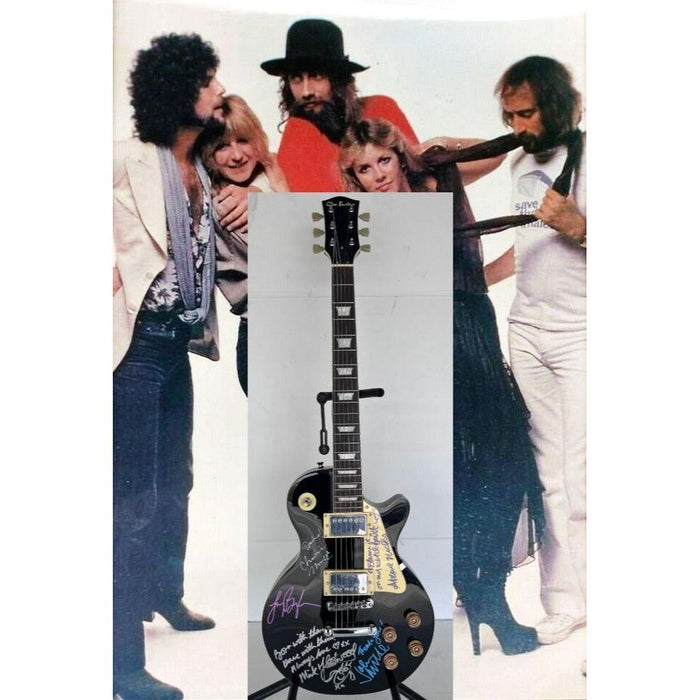 Fleetwood Mac vintage les paul signed by Mick Fleetwood, Christine McVie, John McVie, Stevie Nicks and Lindsey Buckingham signed with proof