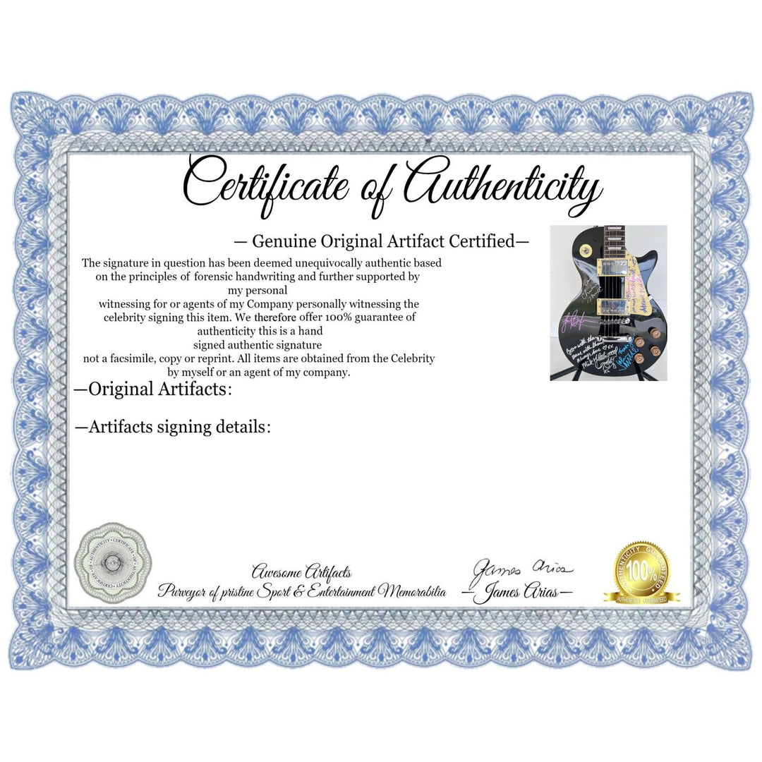 Fleetwood Mac vintage les paul signed by Mick Fleetwood, Christine McVie, John McVie, Stevie Nicks and Lindsey Buckingham signed with proof.