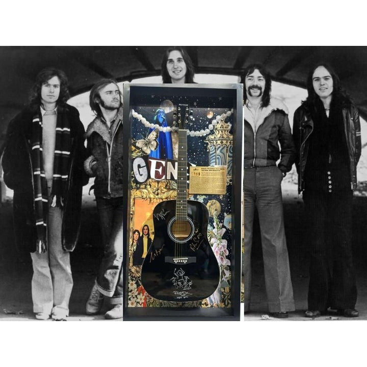 Genesis Phil Collins, Tony Banks, Peter Gabriel, Mike Rutherford full size acoustic guitar signed with proof and museum quality frame 29x54