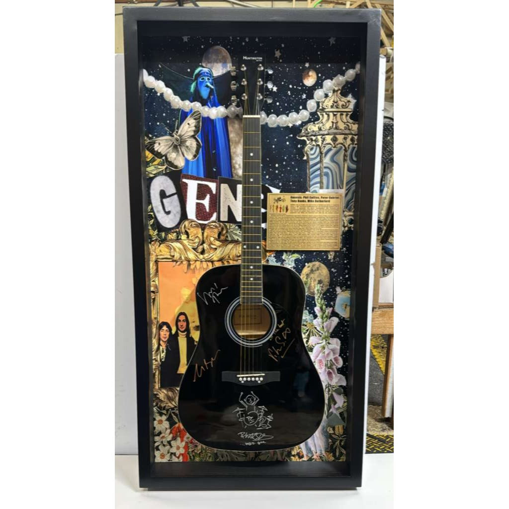 Genesis Phil Collins, Tony Banks, Peter Gabriel, Mike Rutherford full size acoustic guitar signed with proof and museum quality frame 29x54