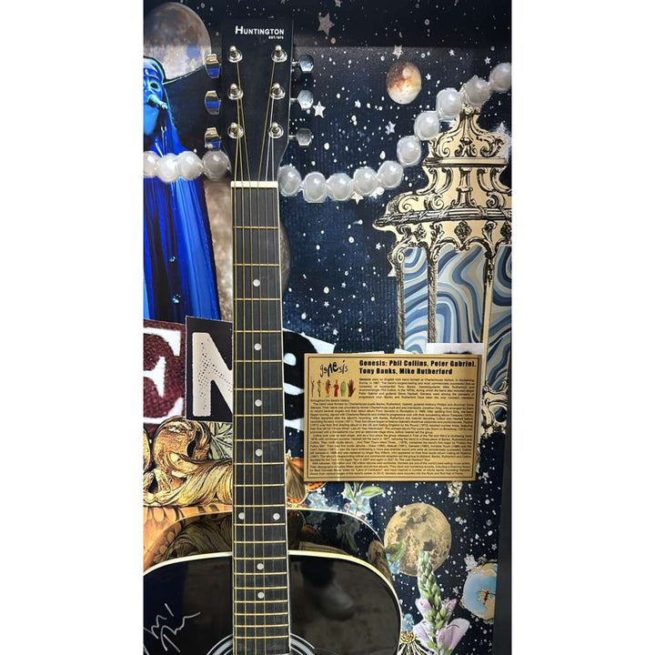 Genesis Phil Collins, Tony Banks, Peter Gabriel, Mike Rutherford full size acoustic guitar signed with proof and museum quality frame 29x54