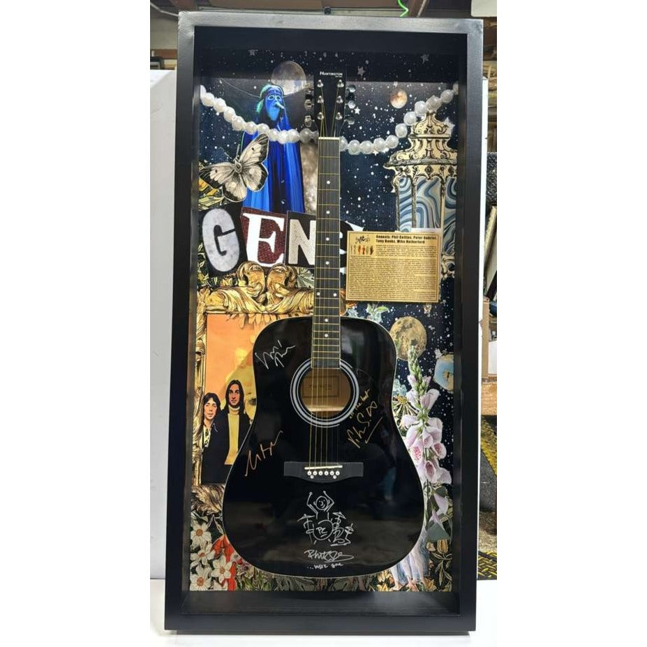 Genesis Phil Collins, Tony Banks, Peter Gabriel, Mike Rutherford full size acoustic guitar signed with proof and museum quality frame 29x54