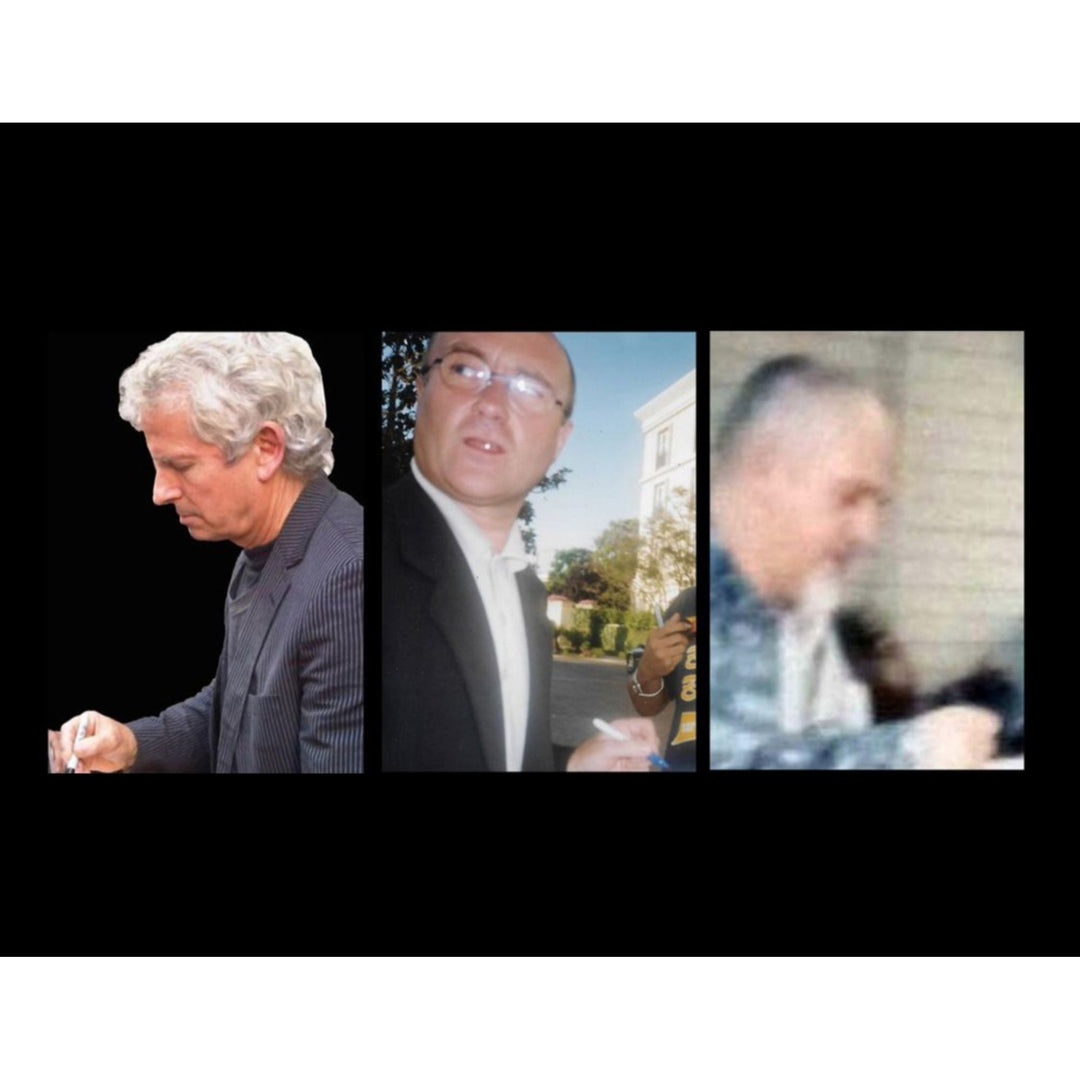 Genesis Phil Collins, Tony Banks, Peter Gabriel, Mike Rutherford full size acoustic guitar signed with proof and museum quality frame 29x54