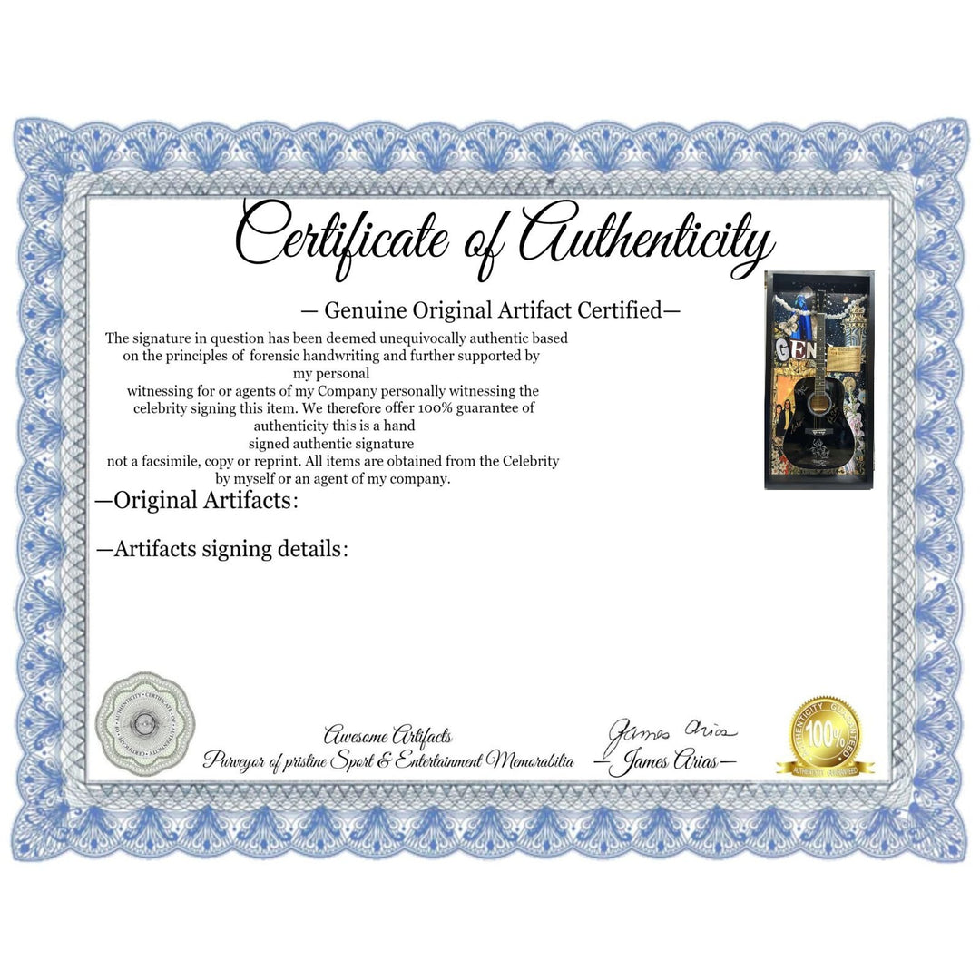 Genesis Phil Collins, Tony Banks, Peter Gabriel, Mike Rutherford full size acoustic guitar signed with proof and museum quality frame 29x54