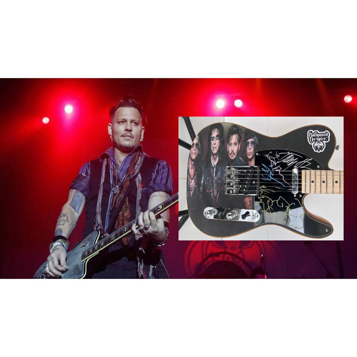 Hollywood Vampires, Joe Perry, Johnny Depp, Alice Cooper, Tommy Henricksen one of a kind Telecaster electric guitar signed with proof