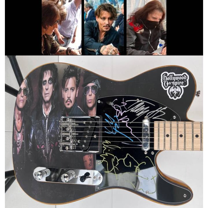 Hollywood Vampires, Joe Perry, Johnny Depp, Alice Cooper, Tommy Henricksen one of a kind Telecaster electric guitar signed with proof.