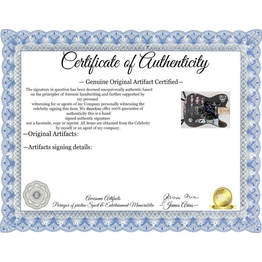 Hollywood Vampires, Joe Perry, Johnny Depp, Alice Cooper, Tommy Henricksen one of a kind Telecaster electric guitar signed with proof.