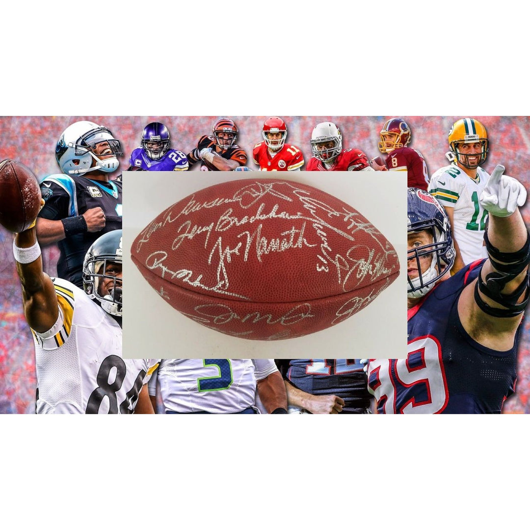 Bart Starr, John Elway, Joe Montana 15 NFL Hall of Fame quarterbacks NFL game football signed with proof with free case