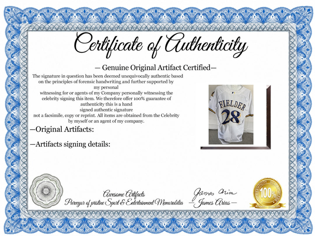 Certificate of Authenticity - Prince Fielder Milwaukee Brewers jersey