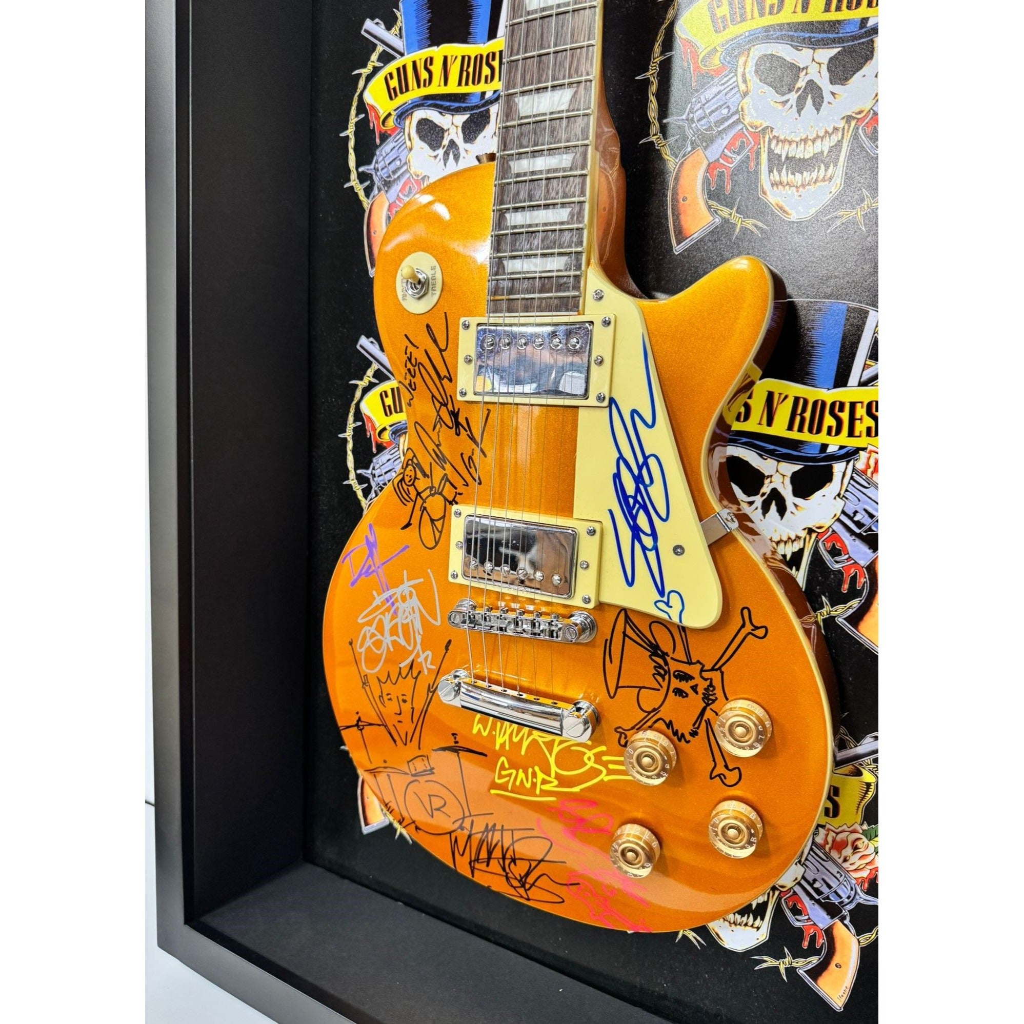 Guns N' Roses Axl Rose Slash Matt Sorum full band signed and framed Les Paul electric guitar with proof