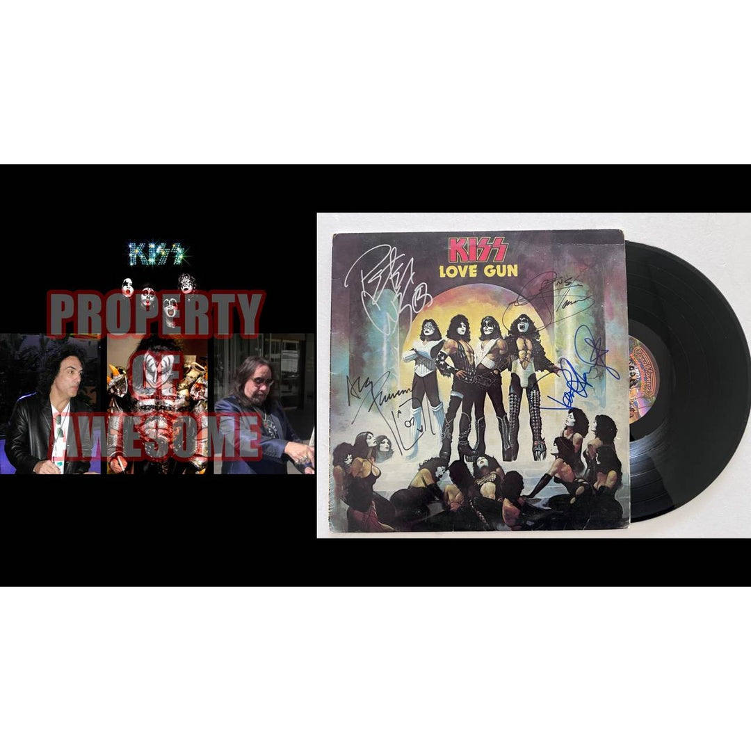 Kiss, Gene Simmons, Paul Stanley, Peter Chris, Ace Frehley Love Gun original lp signed with proof