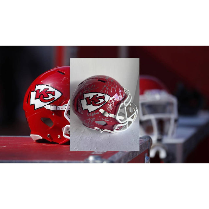 Kansas City Chiefs 2023 Super Bowl champions Riddell Speed authentic game model helmet 40 + sigs Patrick Mahomes Travis Kelce Andy Reid s