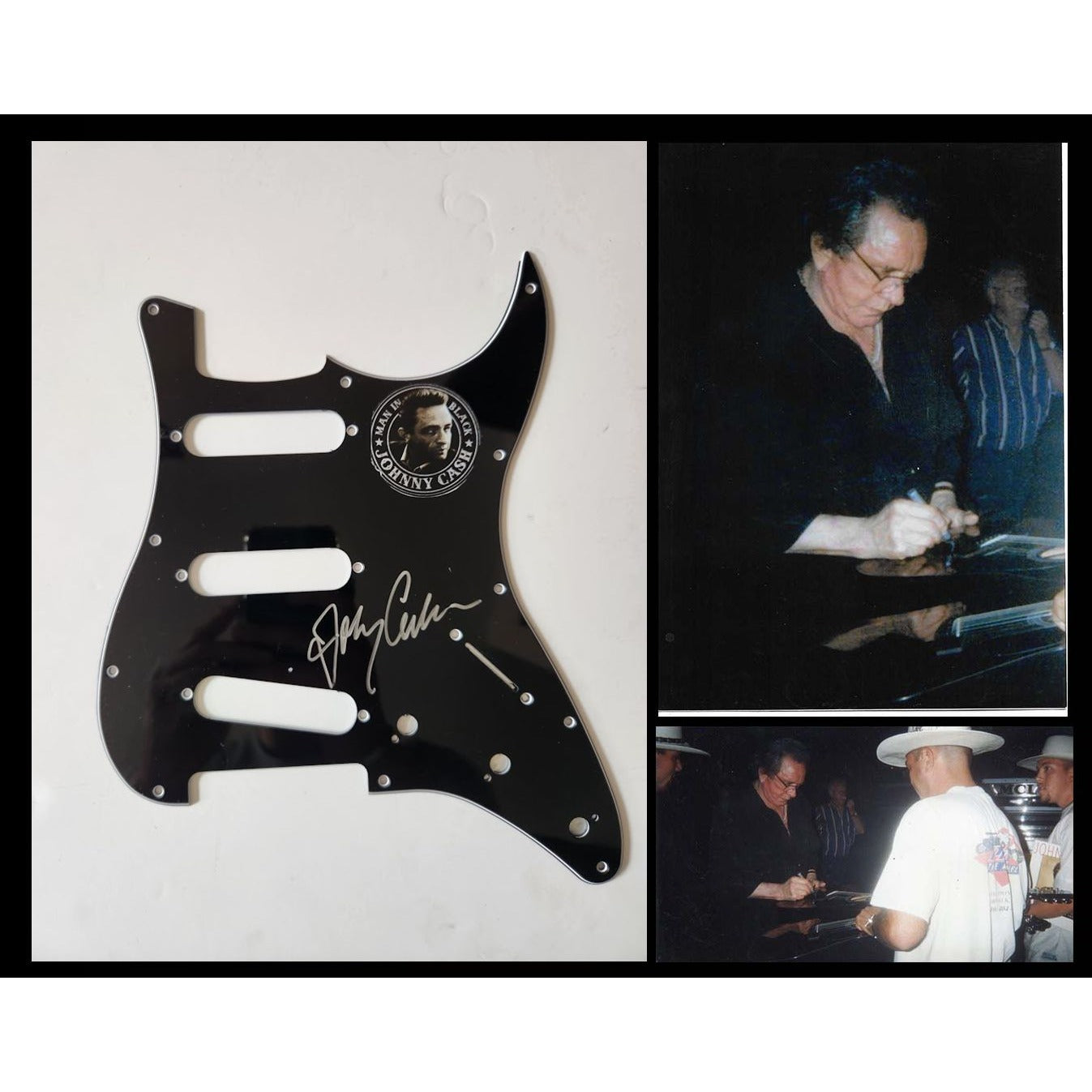Johnny Cash the man in Black Fender Stratocaster electric pickguard signed with proof