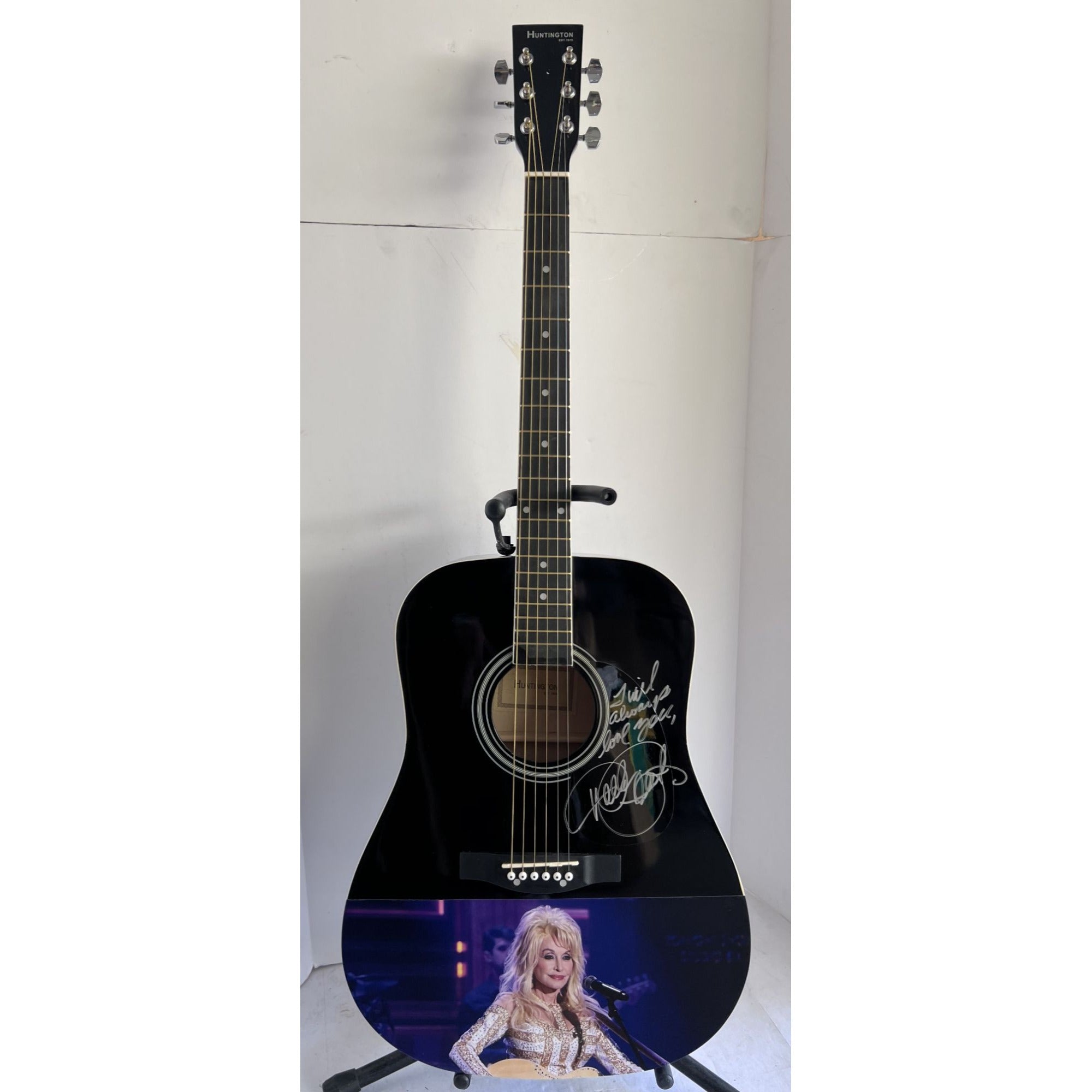 Dolly Parton one of a kind full size acoustic guitar signed and inscribed "I will always Love You" with photo proof