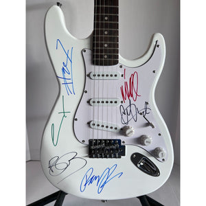 Linkin Park Chester Bennington,  Mike Shinoda,  Brad Delson, Dave Farrell, Joe Hahn, Rob Bourdon, electric guitar signed and framed 47x20'