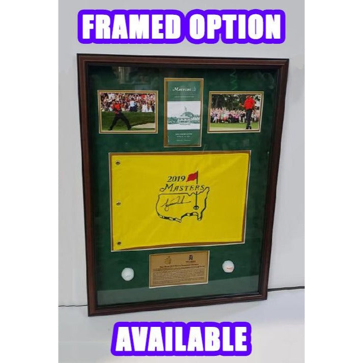 Tiger Woods 2019 Masters embroidered golf pin flag signed and framed with proof