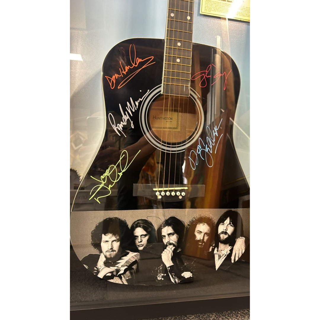 The Eagles Bernie Laden Joe Walsh Don Henley Glenn Frey Randy Meisner signed and framed full size acoustic guitar with proof