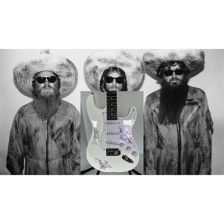 ZZ TOP Billy Gibbons, Dusty Hill, Frank Beard stratocaster electric guitar signed with proof