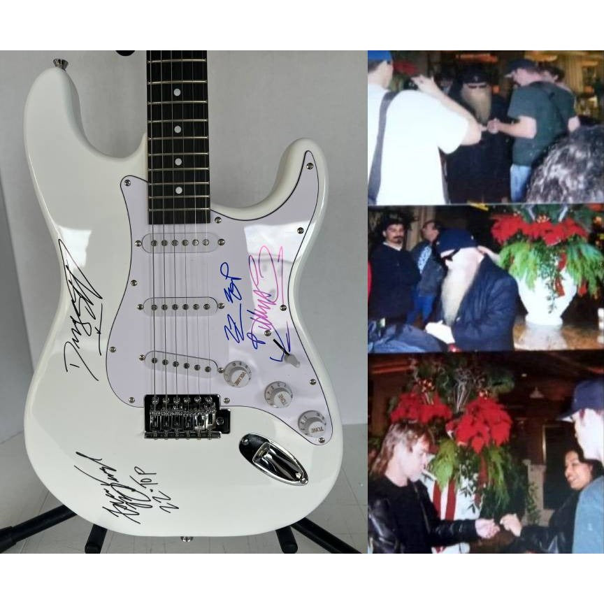 ZZ TOP Billy Gibbons, Dusty Hill, Frank Beard stratocaster electric guitar signed with proof