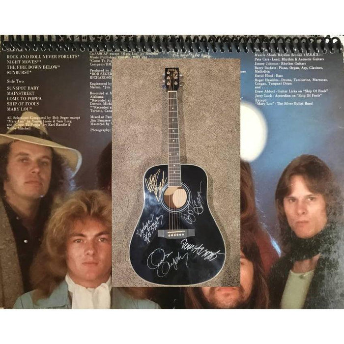 Bob Segar and The Silver Bullet Band Alto Reed, Chris Campbell, Robyn Robbins, and Drew Abbot full size acoustic guitar signed with proof