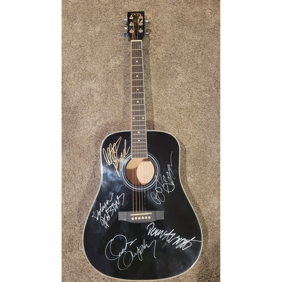 Bob Segar and The Silver Bullet Band Alto Reed, Chris Campbell, Robyn Robbins, and Drew Abbot full size acoustic guitar signed with proof.