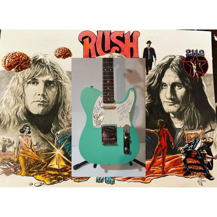 Rush Neil Peart,  Alex Lifeson (inscription), Geddy Lee  original Fender telecaster full size electric guitar signed with proof