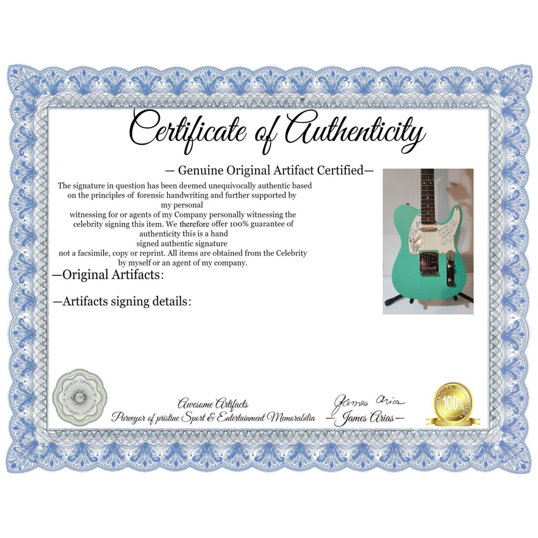 Rush Neil Peart,  Alex Lifeson (inscription), Geddy Lee  original Fender telecaster full size electric guitar signed with proof