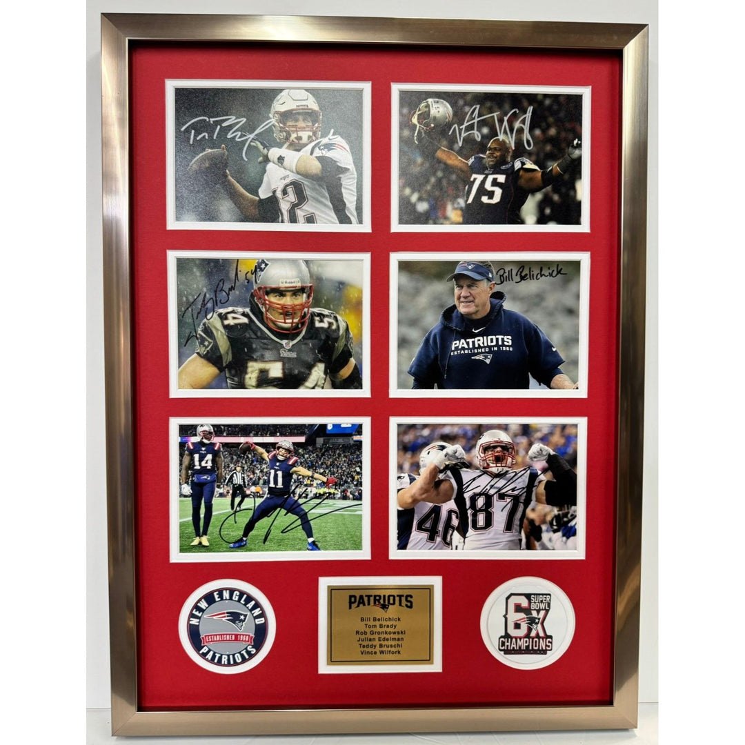 Tom Brady Bill Belichick Teddy Bruschi New England Patriots 5x7 photos in museum quality frame 22x28 signed with proof