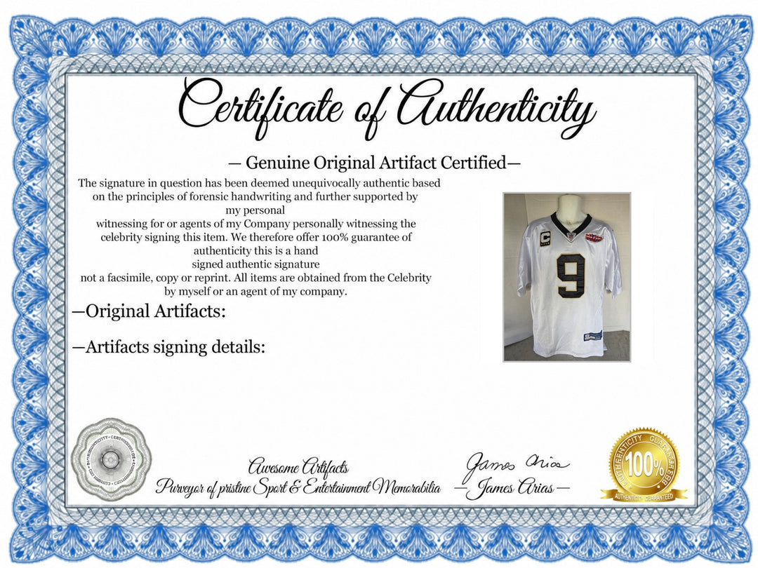 Certificate of Authenticity - Drew Brees team signed jersey