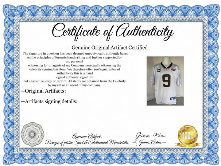 Certificate of Authenticity - Drew Brees team signed jersey