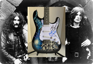Ronnie James Dio Ozzy Osbourne Tony Iommi Bill Ward Geezer Butler Black Sabbath electric guitar signed with proof