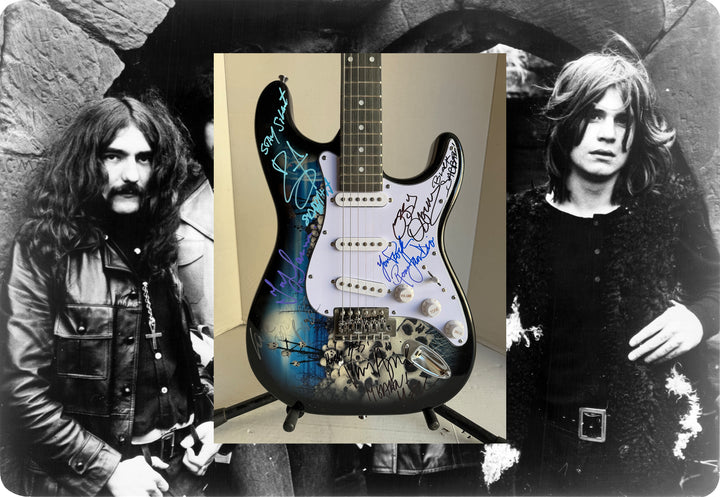 Ronnie James Dio Ozzy Osbourne Tony Iommi Bill Ward Geezer Butler Black Sabbath electric guitar signed with proof