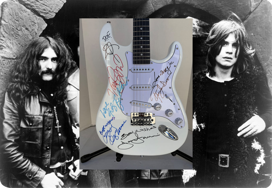 Ronnie James Dio Ozzy Osbourne Tony Iommi Bill Ward Geezer Butler Black Sabbath electric guitar signed with proof
