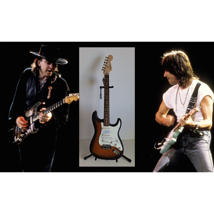 Jeff Beck & Stevie Ray Vaughan signed "Always Play Her with a Feeling" Fender Stratocaster Squier electric guitar signed with proof