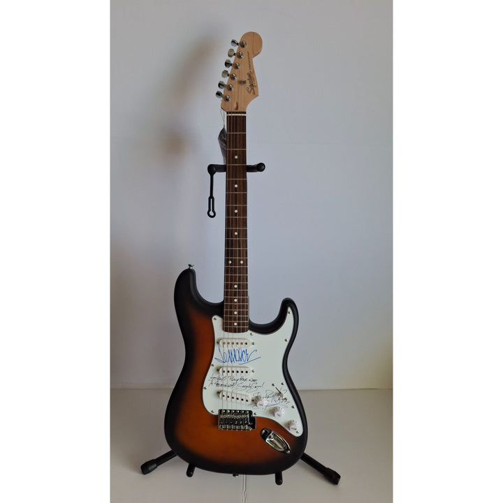 Jeff Beck & Stevie Ray Vaughan signed "Always Play Her with a Feeling" Fender Stratocaster Squier electric guitar signed with proof