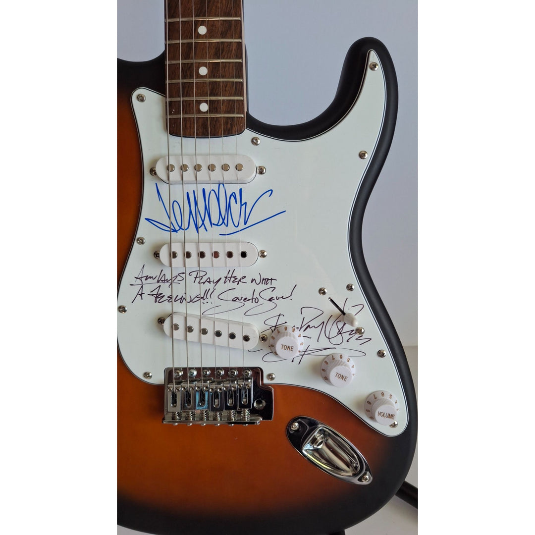 Jeff Beck & Stevie Ray Vaughan signed "Always Play Her with a Feeling" Fender Stratocaster Squier electric guitar signed with proof