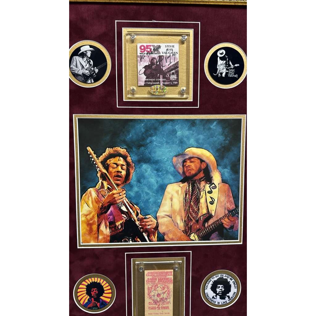 Stevie Ray Vaughan and Jimi Hendrix original concert tickets signed with proof and museum quality framing