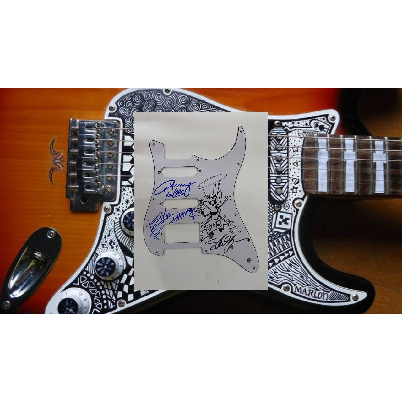 Angus Young AC/DC Keith Richards Rolling Stones Saul Hudson "Slash" GNR Fender Stratocaster electric guitar pickguard signed with proof