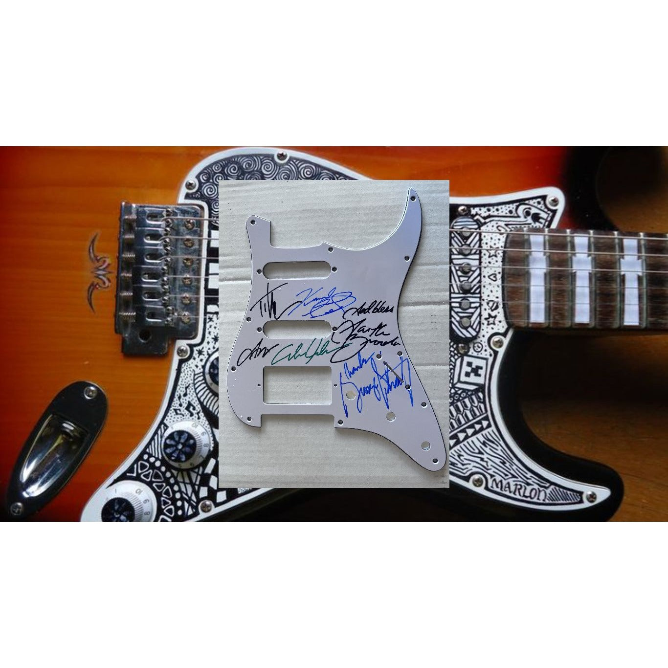 Garth Brooks George Strait Alan Jackson Vince Gill Tim McGraw Fender Stratocaster electric guitar pickguard signed with proof