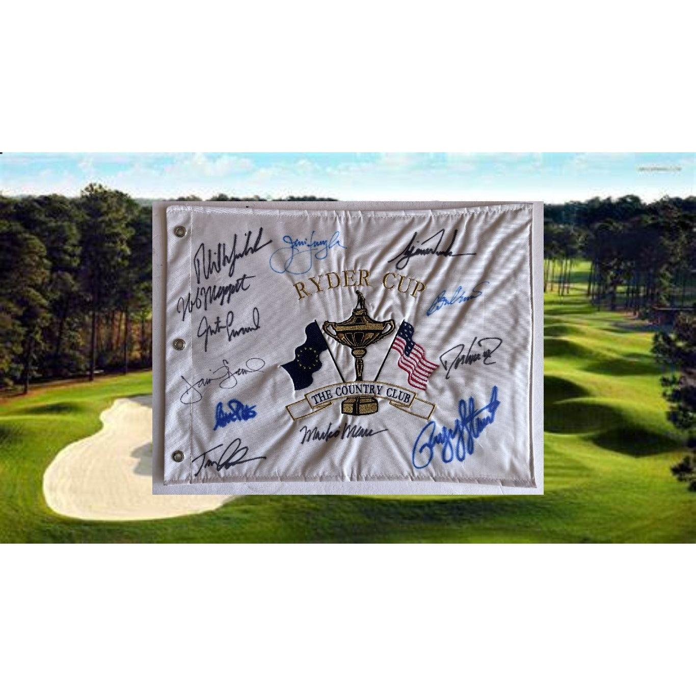 1999 Ryder Cup Flag Payne Stewart, Tiger Woods, Phil Mickelson signed with proof