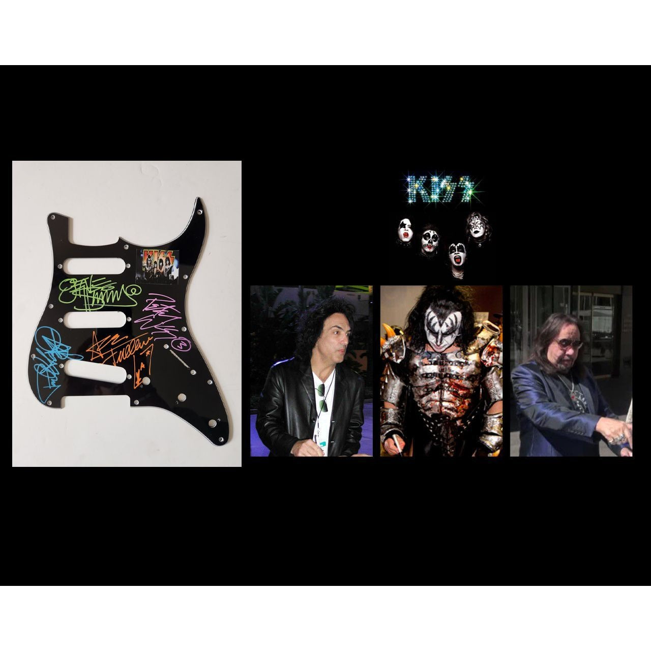 Gene Simmons Ace Frehley Peter Criss Paul Stanley Kiss Fender Stratocaster electric pickguard signed with proof