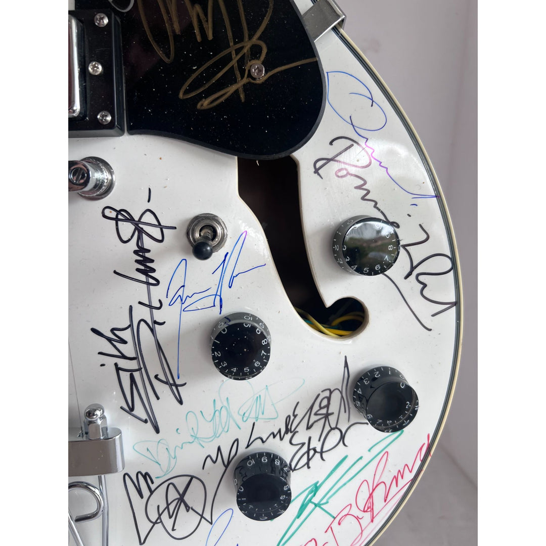 Rock and Roll icons Roger Waters, Eddie Van Halen, Bob Dylan, Robert Plant, Roonie Wood hollow body electric guitar signed with proof