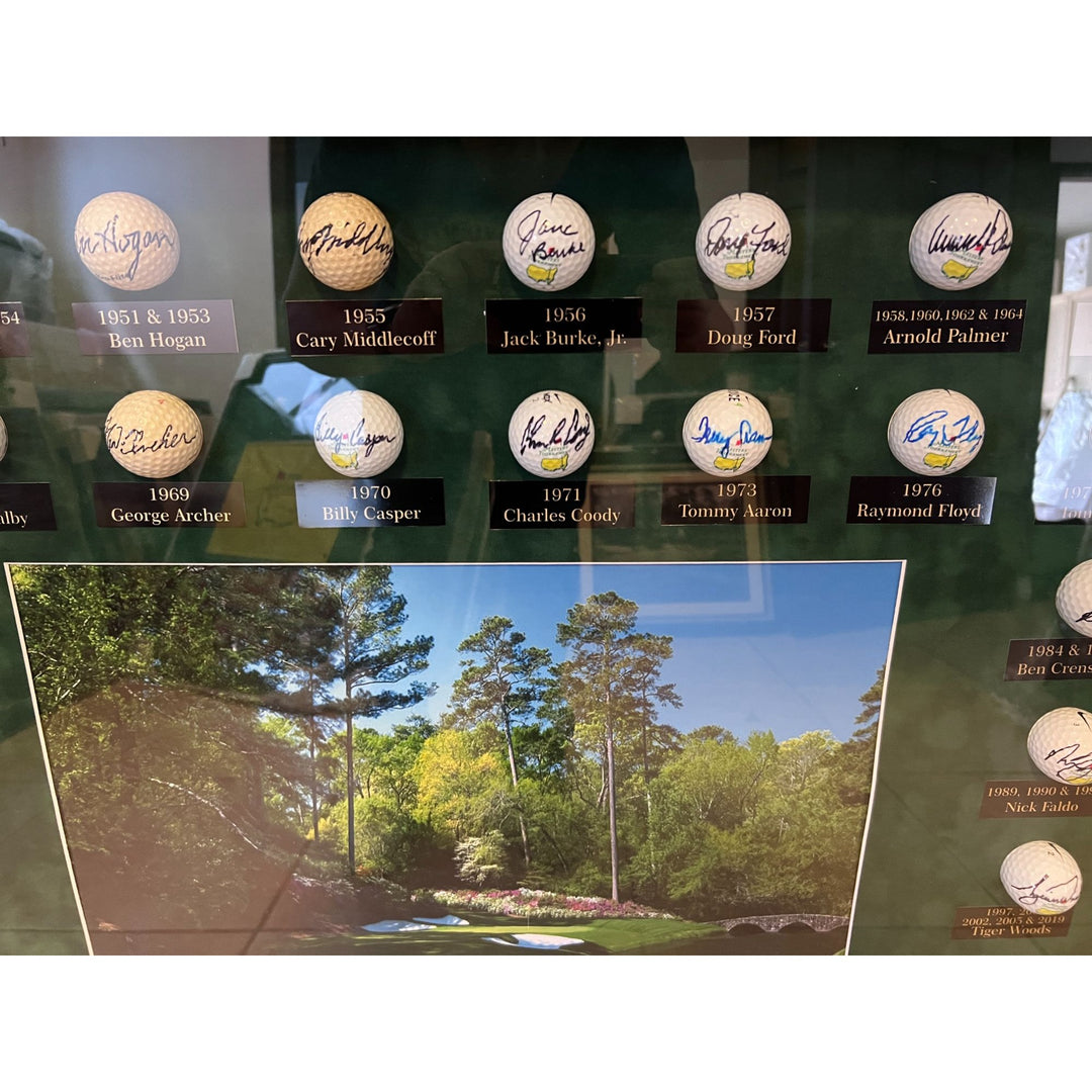 Masters Champions golf balls 44 in all Tiger Woods, Jack Nicklaus, Ben Hogan, Arnold Palmer framed and signed