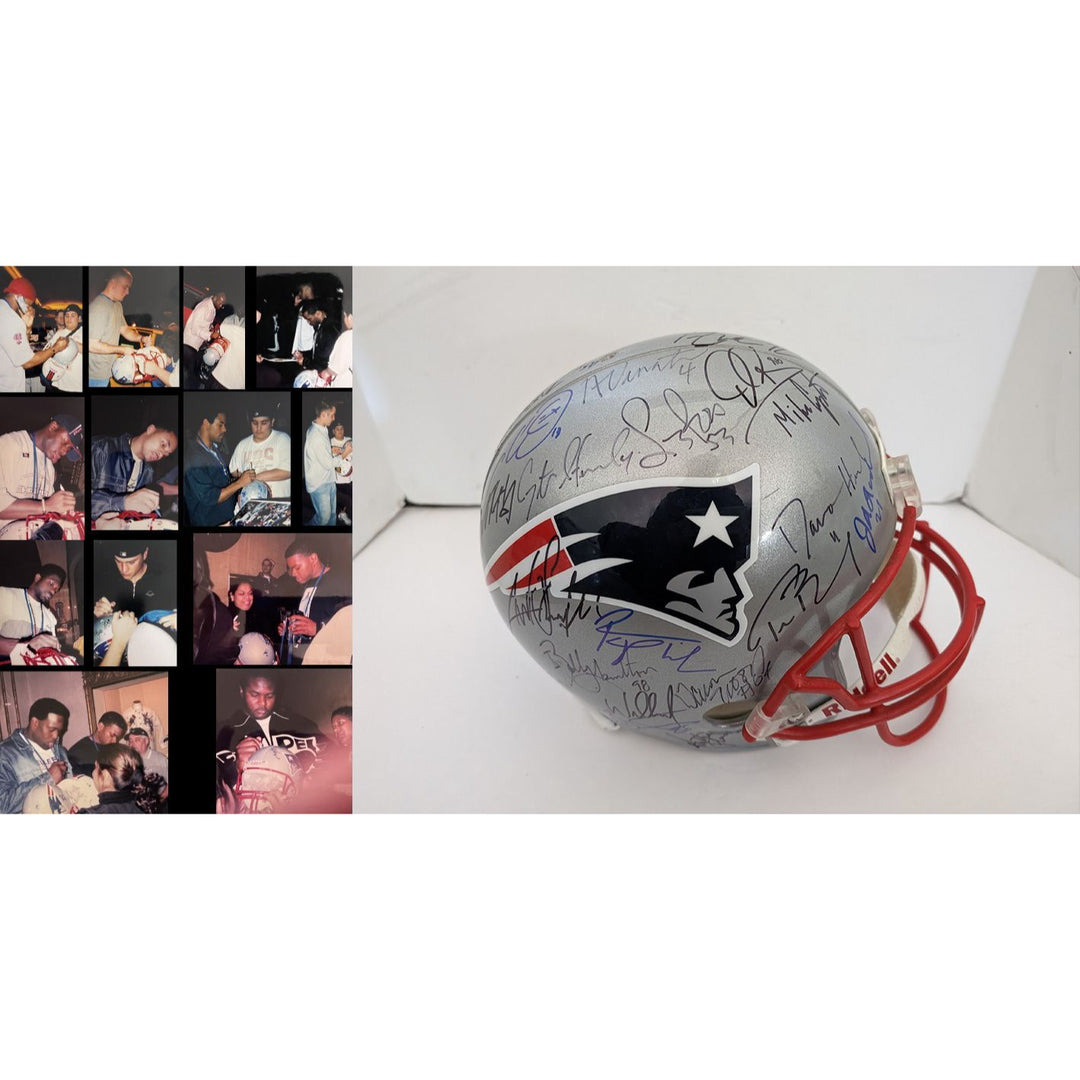 New England Patriots Tom Brady Adam Troy Brown Mike Vrabel Teddy Bruschi Bill Belichick Super Bowl champions 2001 Riddell team signed helmet