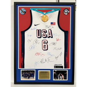 USA LeBron James 2024 Gold Medal Olympic Mens Basketball team signed jersey with photo proof and museum quality frame&nbsp; 41x30x4