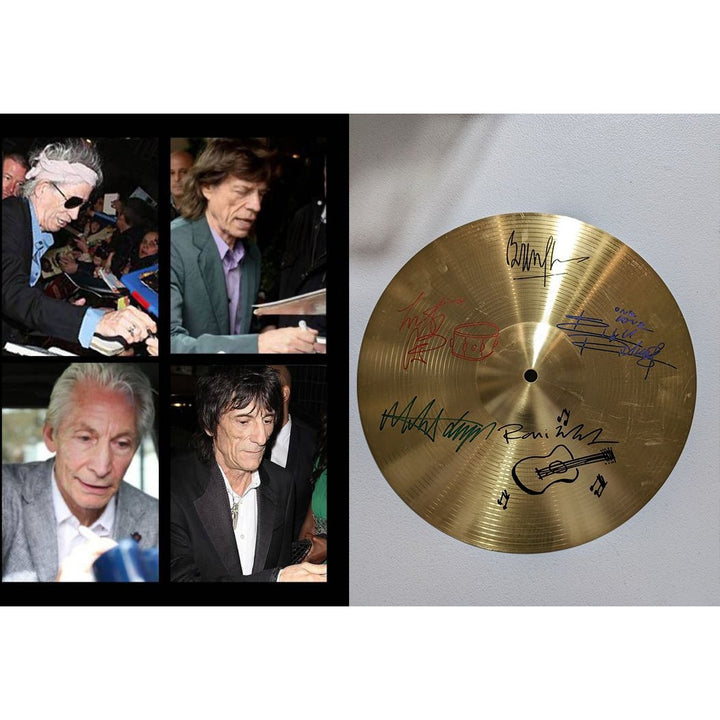 Keith Richards, Charlie Watts, Ronnie Wood, Mick Jagger, The Rolling Stones one-of-a-kind cymbal signed with proof